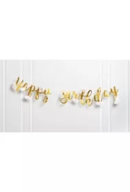 Baner Happy Birthday z kwiatami złoty