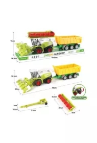 Zestaw kombajnów z czerwoną przyczepą