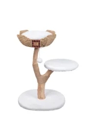 Drapak dla kota, beżowo- biały, 89cm, na drewnianej nodze z koszem i siedziskiem