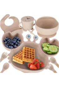 Naczynia silikonowe dla dzieci niemowląt krab zestaw beżowe