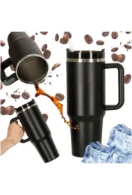 Kubek termiczny ze słomką i uchwytem termos czarny
