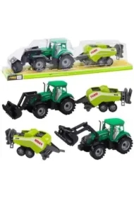 Traktor z ładowaczem i prasą rolniczą zielony