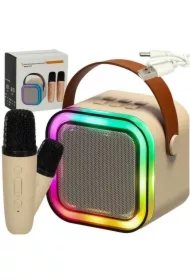 Zestaw do karaoke 2 mikrofony + głośnik przenośny BLUETOOTH USB LED
