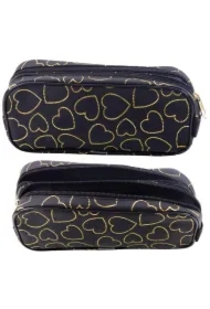 Piórnik dwukomorowy złote serca czarny