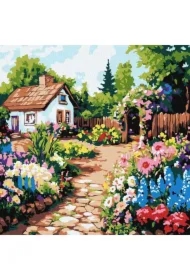 Malowania po numerach - Kwiaty przy chatce