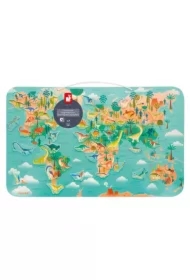 Układanka drewniana magnetyczna - Mapa świata z 50 magnesami Dinozaury