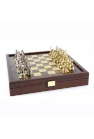 Zestaw szachowy z okresu grecko-rzymskiego, metalowy, z brązową planszą 27 cm w pudełku
