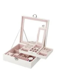 Szkatułka-kuferek na biżuterię z lusterkiem i wkładką - kremowa