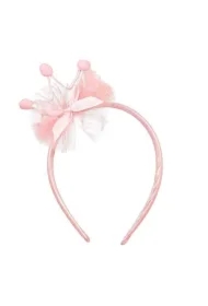 Opaska z tiulową kokardką i koroną z pomponami jasnoróżowa Laurana