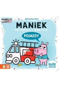 Maniek koloruje i nakleja. Pojazdy