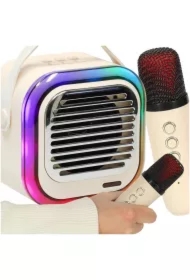 Zestaw do karaoke głośnik XL Bluetooth 2 mikrofony USB LED 10W kremowy