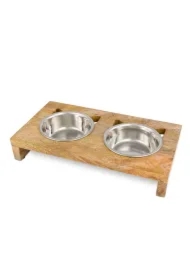 Zestaw misek, dla kota, ze stali nierdzewnej na drewnianym stojaku, KITTY