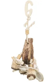 Zabawka naturalna, dla ptaków, strąk mahoniowy, muszle, 26 cm