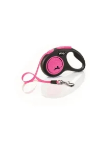 New Neon, Smycz automatyczna dla psa, czarny/neonowy różowy, S, 5m, taśma