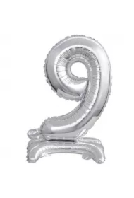 Balon foliowy mini cyfra 9 na stojaku srebrna
