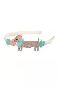 Opaska z brokatowymi kwiatkami i jamnikiem Puck