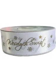 Wstążka satynowa Wesołych Świąt biała