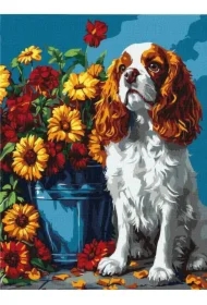 Malowanie po numerach - Spaniel i kwiaty