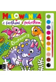 Malowanka z farbkami i pędzelkiem. Dinozaury