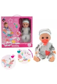 Lalka Tosia z wanienką w szaro-niebieskim ubranku