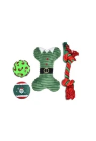 Zestaw zabawek dla psa: piłka winylowa 6, 7cm, piłka tenisowa 6, 3cm, kość pluszowa 21cm, sznur 32cm, zielony