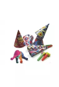 Zestaw party dla 4 osób: Czapeczki x 4, maski x 4, gwizdki x 2, trąbki x 2, balony metalizowane x 4