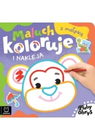 Maluch koloruje i nakleja z małpką. Gruby obrys