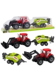 Traktor z ładowaczem i prasą rolniczą czerwony