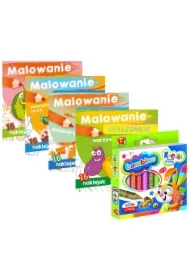 Pakiet dla przedszkolaka. Malowanie-doklejanie: Owoce, Warzywa, Zwierzęta na wsi, Dinozaury + Kredki Bambino