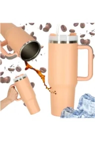 Kubek termiczny ze słomką i uchwytem termos róż pudrowy