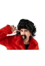 Peruka długie włosy i wąsy czarna