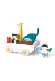 Statek do ciągnięcia ze zwierzątkami drewniany