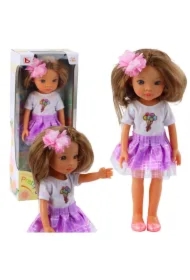 Lalka w fioletowej sukience długie brązowe włosy