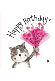 Karnet Urodziny S343 Kot z różowym bukietem