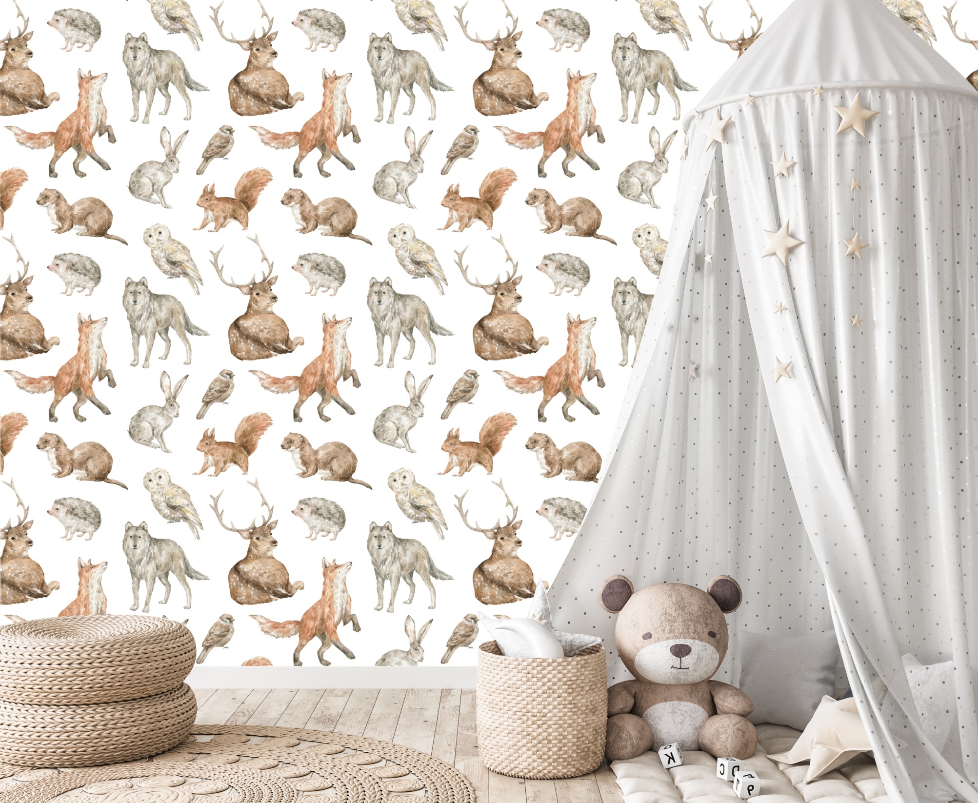 Fototapeta dla dzieci leśne zwierzęta, wilki, sowy MP016