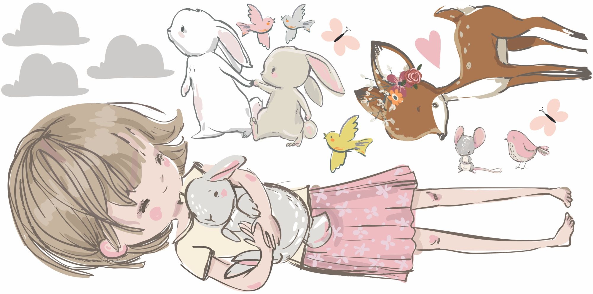 Naklejki tkaninowe zestaw 4 dziewczynka ze zwierzątkami