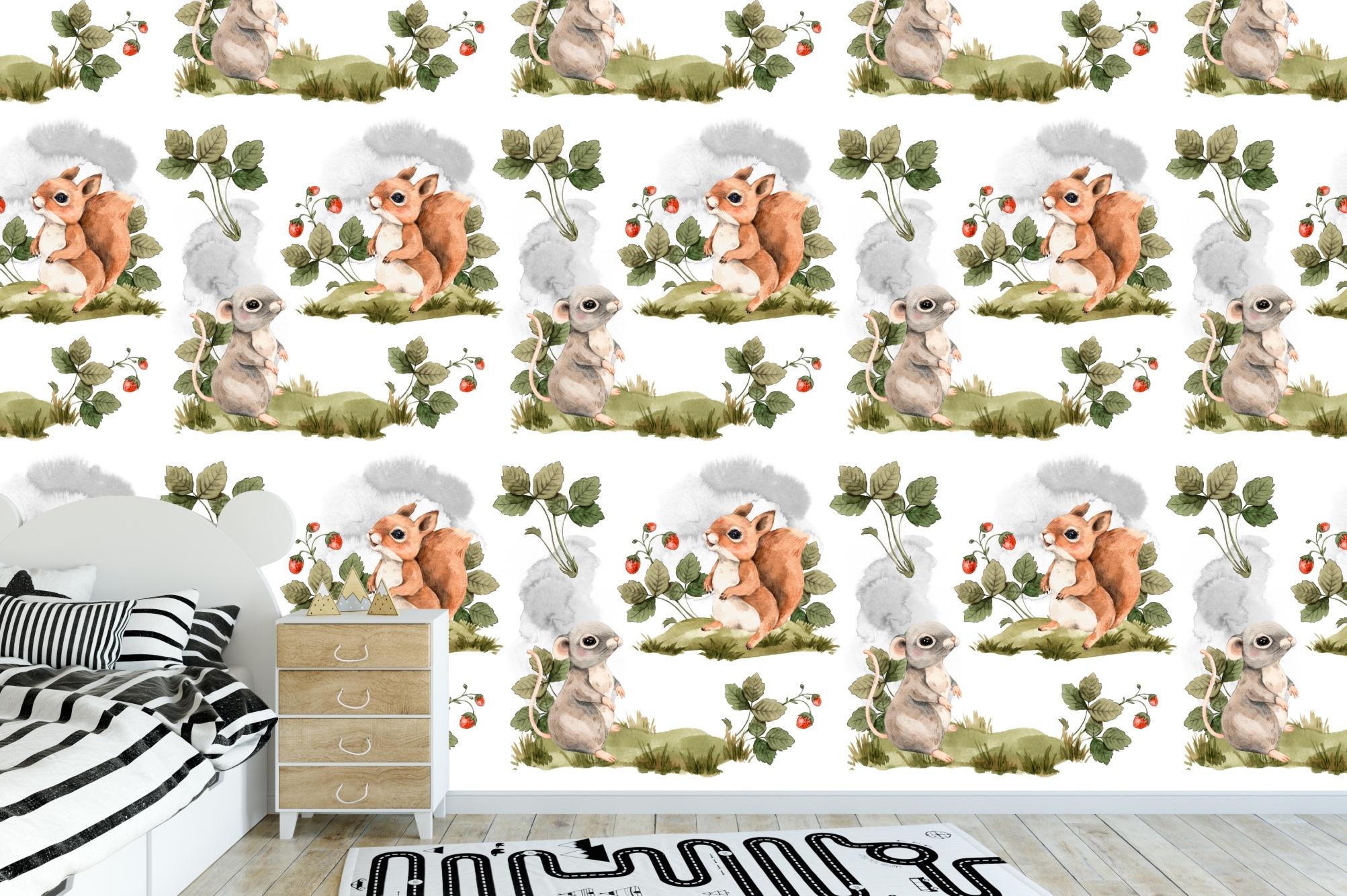 Fototapeta dla dzieci na wymiar wiewiórka, poziomki MP033