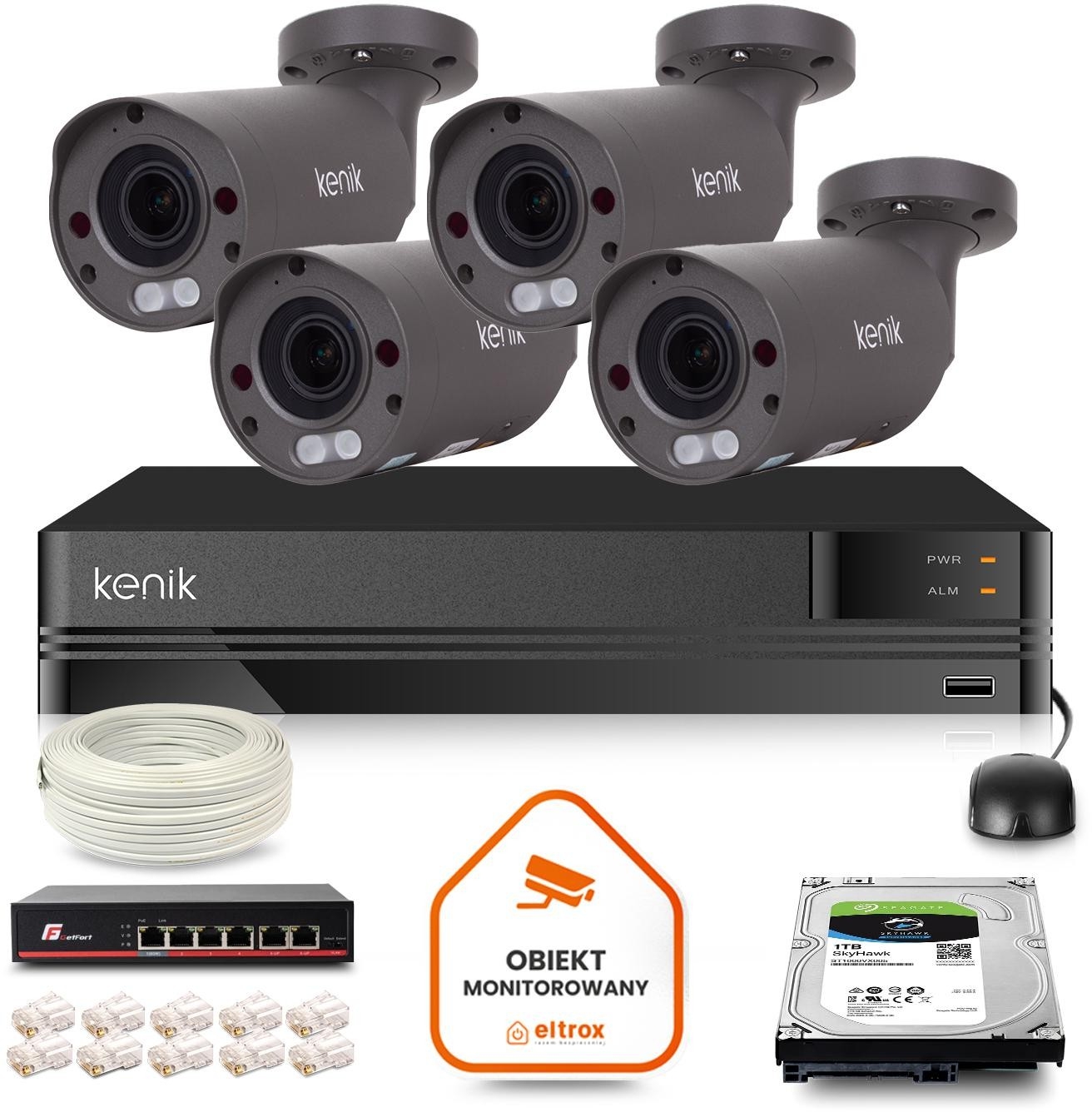 Image of Zestaw monitoringu IP Kenik 4 kamer 2MPX FullHD 1TB IR 60m