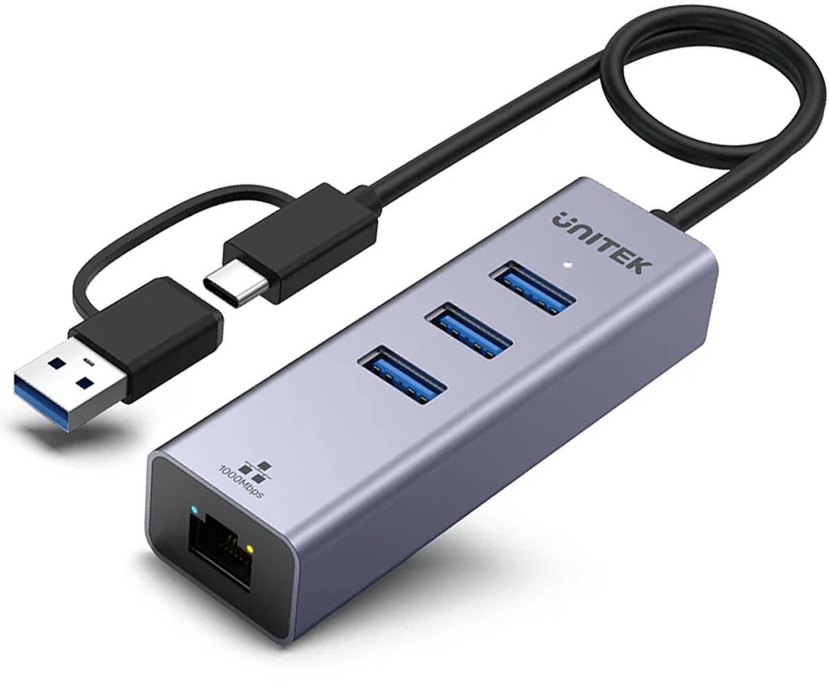 Image of Unitek Hub USB C 4w1 Ethernet 3 x USB A 5 Gbps z adapterem USB A