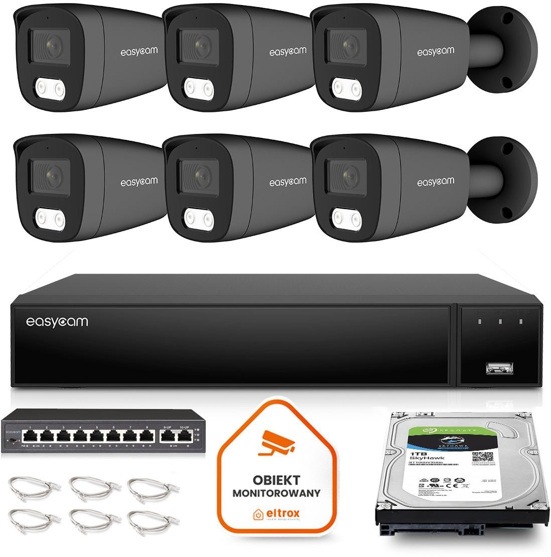 Image of Zestaw do monitoringu IP Easycam 6 kamer z POE EC-IP-B5MP30DL-G 5MPx IR LED