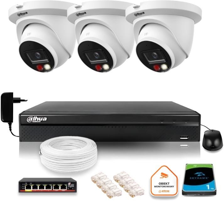 Image of Zestaw monitoringu IP Dahua 2MPx 3 Kamery z dualnym oświetleniem 30m
