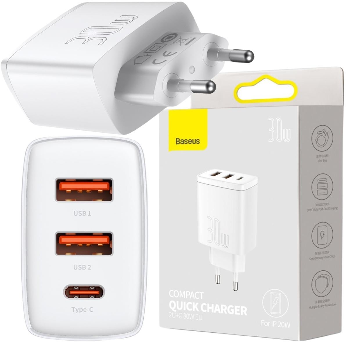 Image of ŁADOWARKA SIECIOWA Baseus Compact Quick Charger CCXJ-E02 30W 2x USB-A 1x USB-C PD 3.0 QC 3.0 BIAŁA