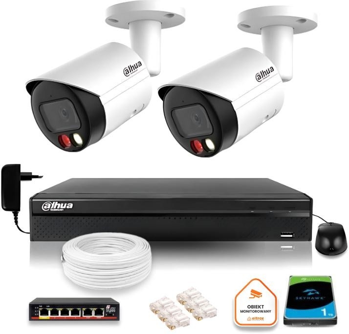 Image of Zestaw monitoringu IP Dahua 2MPx 2 Kamery zewnętrzne z dualnym oświetleniem 30m