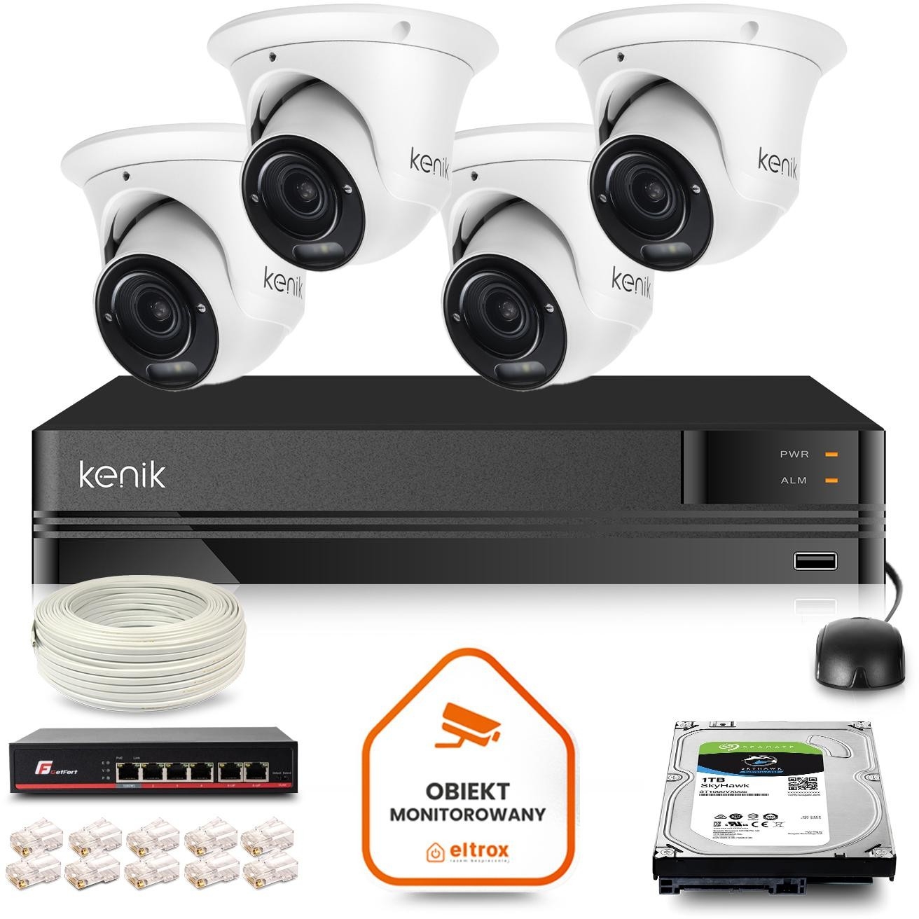 Image of Zestaw monitoringu IP Kenik 4 kamery kopułkowe 2MPx 1TB