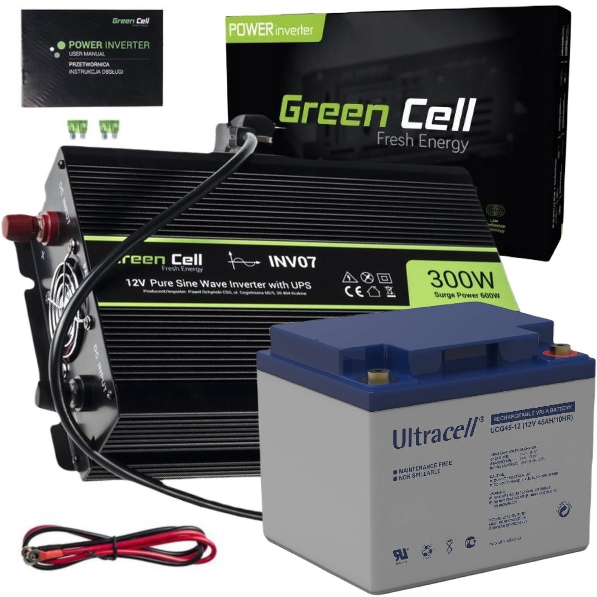 Image of ZESTAW PRZETWORNICA Green Cell 12V / 230V 300W/600W CZYSTY SINUS + AKUMULATOR AGM 12V 45Ah