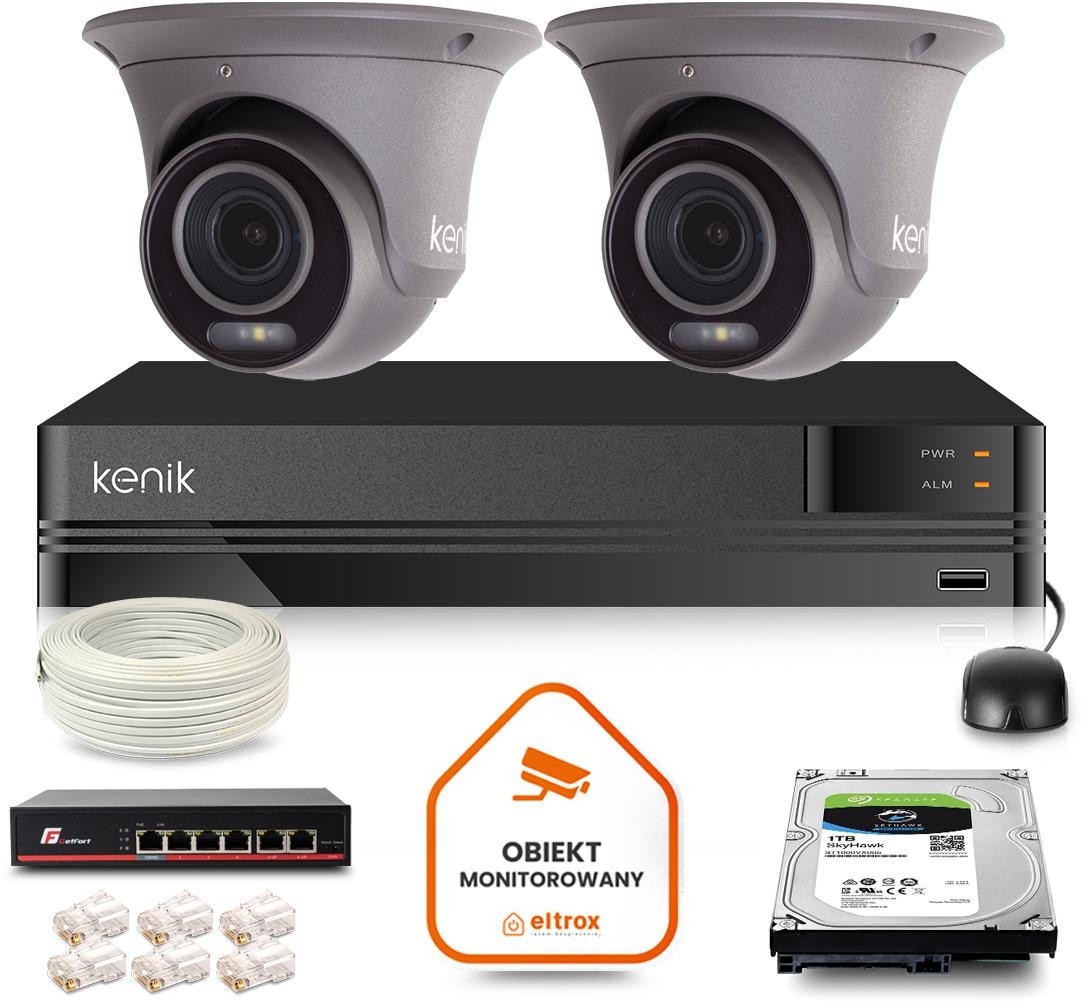 Image of Zestaw monitoringu IP Kenik 2 kamery kopukowe 5MPx 60m 1TB