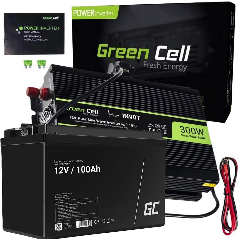 Image of ZESTAW PRZETWORNICA Green Cell 12V/ 230V 300W/600W CZYSTY SINUS + AKUMULATOR AGM GreenCell 12V 100Ah