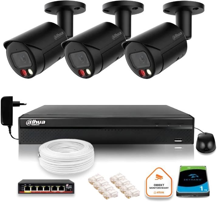 Image of Zestaw monitoringu IP Dahua 4MPx 2K 3 kamery czarne zewnętrzne z dyskiem 1TB