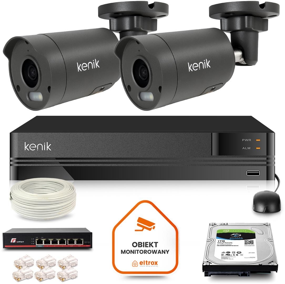 Image of Zestaw monitoringu IP Kenik 2 kamery tubowe FullHD dysk 1TB