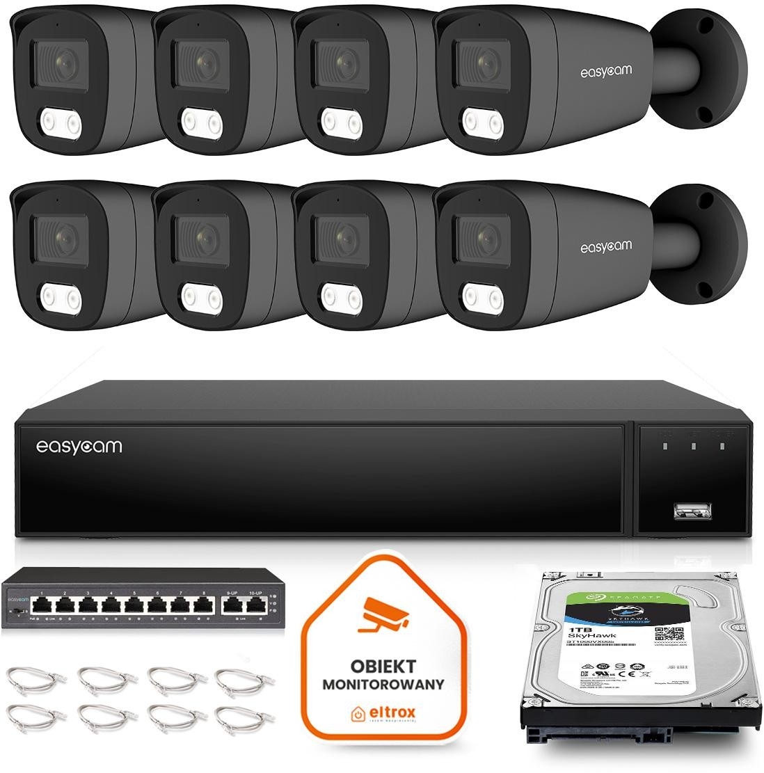 Image of Zestaw do monitoringu IP Easycam 8 kamery z POE EC-IP-B5MP30DL-G 5MPx IR LED